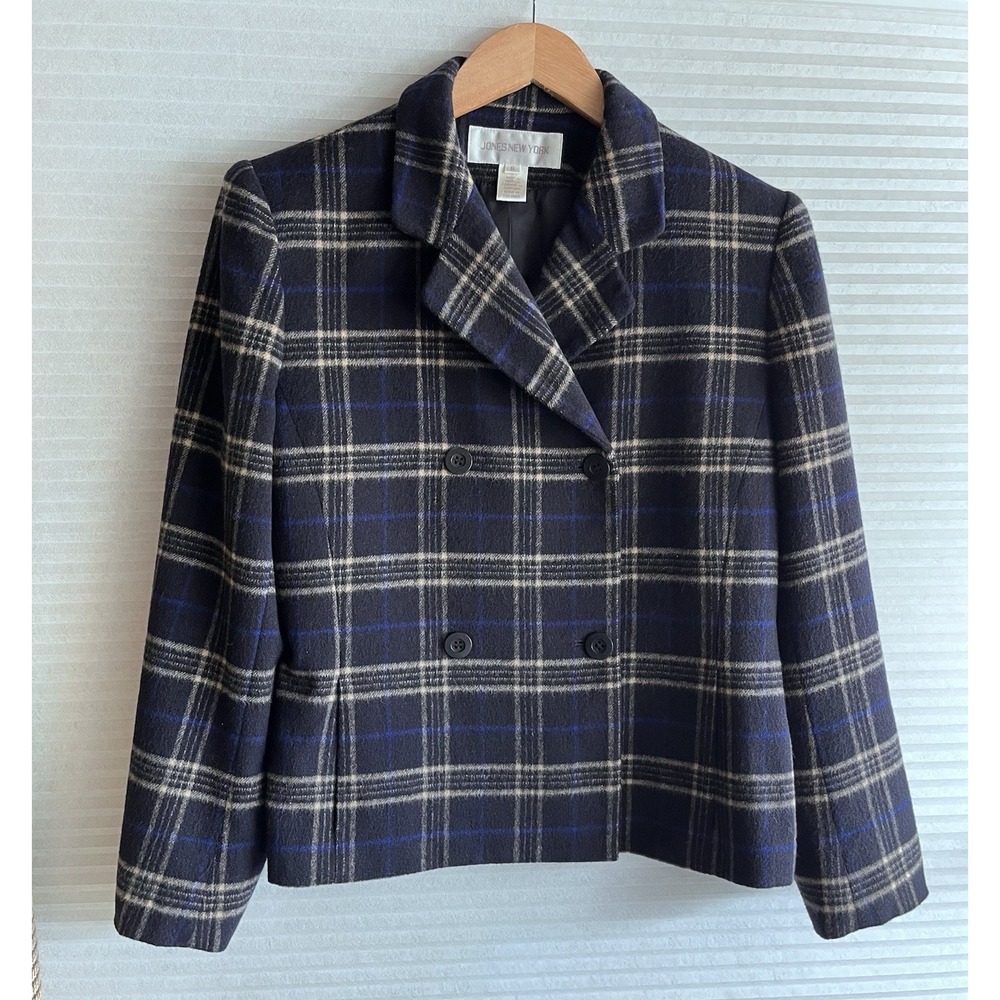 Jones New York Women’s Plaid Wool Blazer Navy Blue Double-Breasted Academia SZ 8